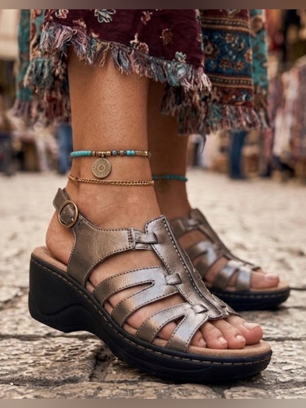 Clarks Womens Lexi Marigold Q Sandal Size 10 Pewter Leather Slingback Wedge 25